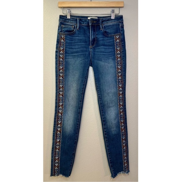 DRIFTWOOD Jackie Aztec Embroidered Mid Rise Raw Hem Skinny Jean Denim - Picture 2 of 9